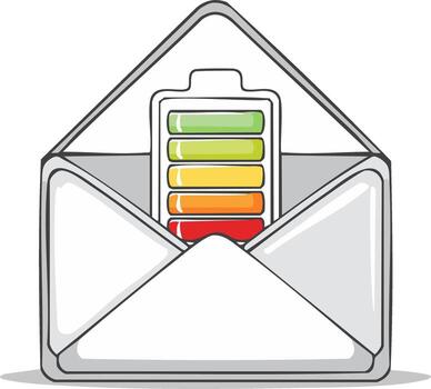 Email message concept with a full battery power indicator inside an open envelope vector