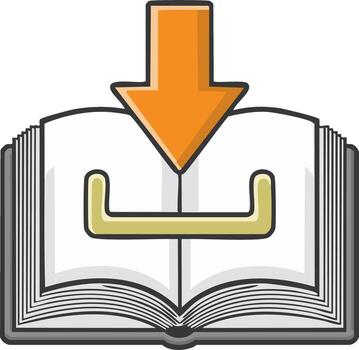 Open book with orange download arrow icon representing digital e-book access, online learning, and content acquisition vector