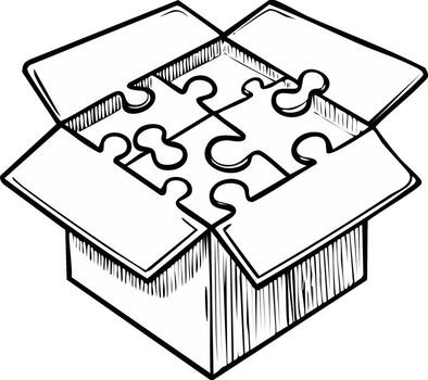Hand drawn sketch of puzzle pieces fitting together inside an open box vector