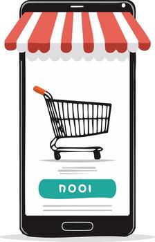 Mobile shopping cart on smartphone screen with awning and purchase button illustration vector