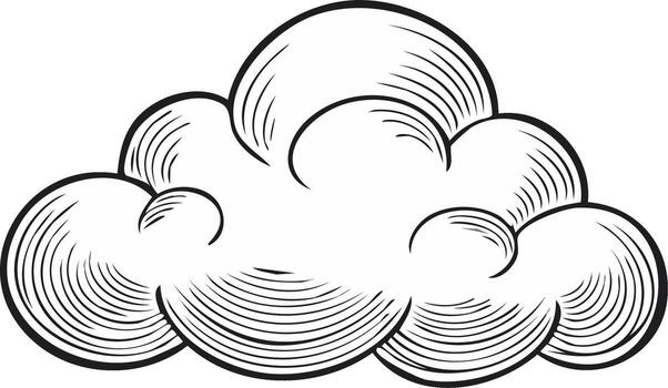 Cloudy Weather Symbol Engraved Outline, Stylized Sky Shape Graphic with Line Art for Atmospheric Forecast vector