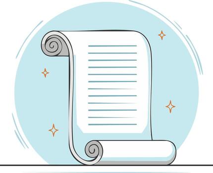 Illustration of a partially unrolled ancient scroll or parchment with text lines and magical sparkle effects vector