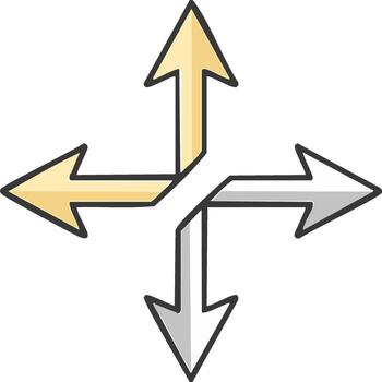 Crossroads symbol with gold and silver arrows pointing in four different directions, representing choice and navigation vector