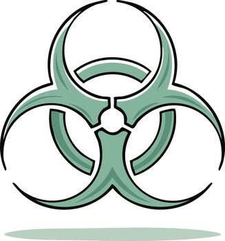 Biohazard symbol with drop shadow, flat design, teal and black outline, image vector
