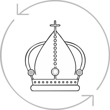 Line drawing of a bishop's mitre with a cross and decorative elements inside a circular design vector