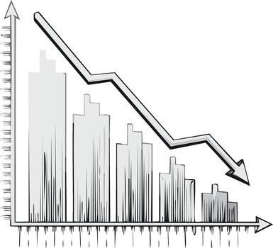 Declining graph illustration with arrow indicating decreasing trends in bar chart format, business concept design vector