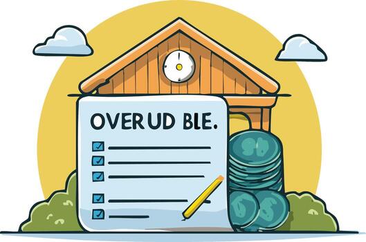 Obligations and Debts List with Overdue Notice in Front of House with Savings Coins vector