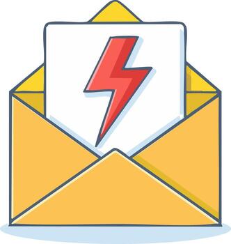 dibujado a mano amarillo sobre con rojo relámpago tornillo símbolo adentro, Boletin informativo alerta, destello mensaje concepto vector