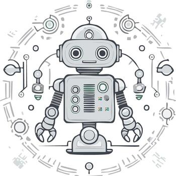 Cartoon Robot Illustration with Circuitry Style Details Circular Technology Concept vector