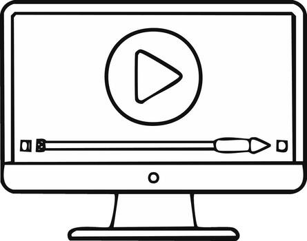 Simple monitor displaying play button and progress bar in outline style vector