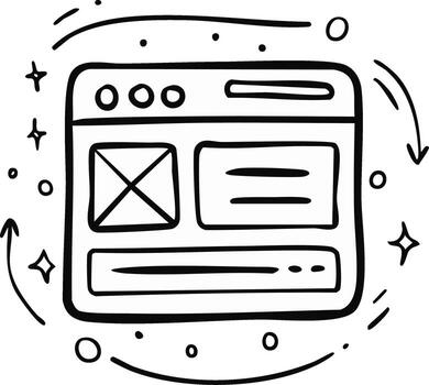 App Development Concept Doodle Sketch with Wireframe Layout and Arrow Motion vector