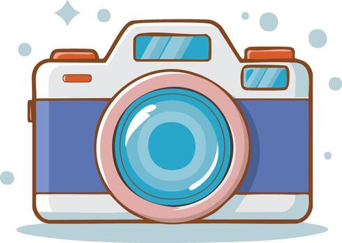 Stylized camera illustration with lens, viewfinder, and blue and white casing against bokeh background vector
