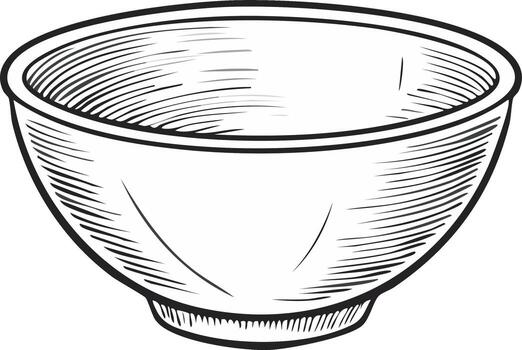 Hand drawn outline of an empty ceramic bowl with a circular rim and hatching shading vector