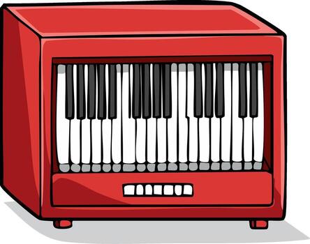 Retro red electronic keyboard with black and white keys and simple controls vector