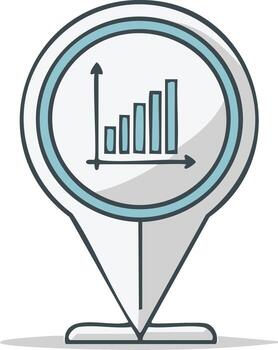 Hand drawn location pin icon with growing bar chart showing business data analysis and market progress vector