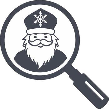 Magnifying glass searching for Father Frost character with a snowflake hat icon vector