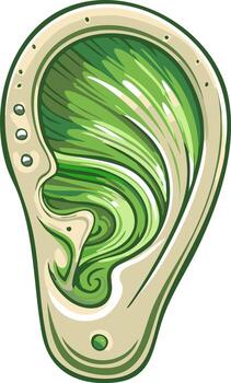 Conceptual Illustration of a Human Ear Featuring Dynamic Green Abstract Patterns and Piercings vector