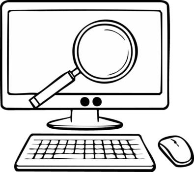 Search analysis concept with computer setup keyboard mouse and magnifying glass in linear doodle style illustration vector