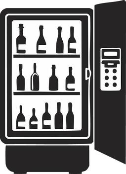 Stylized black and white illustration of an open minibar with a keypad lock showing wine and liquor bottles vector