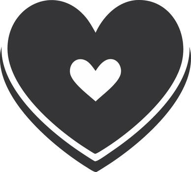 Nested heart symbol featuring dark gray outer heart shape with smaller white heart at center, outlined vector