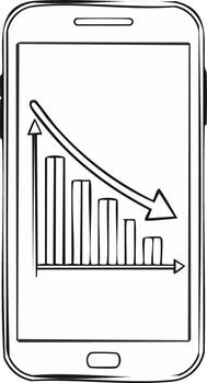 Smartphone displaying decreasing bar graph with down arrow hand drawn illustration vector