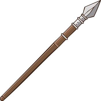 Simple cartoon illustration of a sharp spear weapon with brown handle and metal tip vector