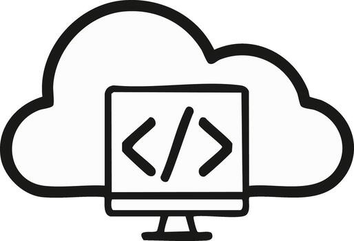 Cloud-based computing with code, representing network data processing and development, simple line drawing vector