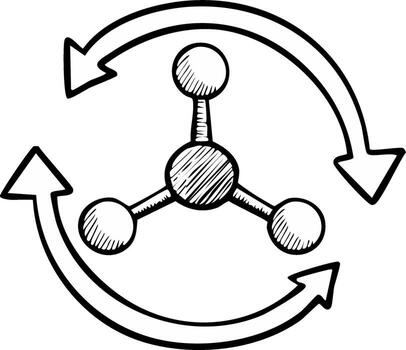 mano dibujado químico estructura molécula con giratorio flechas proceso contorno vector