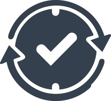 Time management and efficiency icon. Check mark inside clock with arrows vector