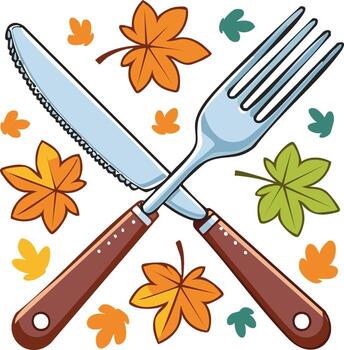 Autumnal Place Setting with Crossed Knife and Fork Surrounded by Falling Leaves vector