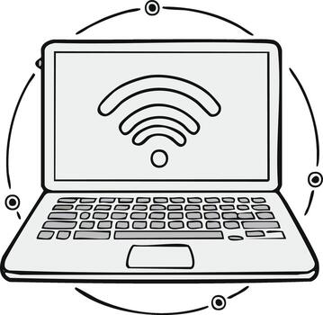 Laptop computer with wireless signal symbol and network connection lines around vector