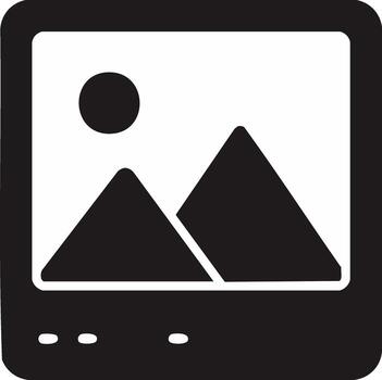 Black and white icon of abstract mountains and sun inside a frame a digital image gallery symbol vector