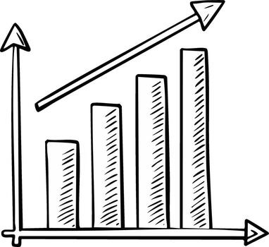 Hand-drawn bar graph chart showing upward trend with increasing bars and arrow vector