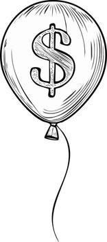 Hand drawn single balloon with dollar sign symbol floating on a thin string vector