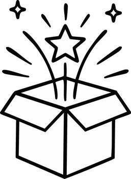 emoción sin caja negro y blanco dibujos animados de Starburst emergente desde abierto cartulina caja con adicional estrellas vector