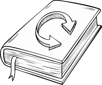 Hand-drawn book with recycle arrow symbol for education, knowledge, learning concepts vector