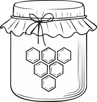 Hand drawn jar of honey with honeycomb pattern and fabric lid tied with a bow vector