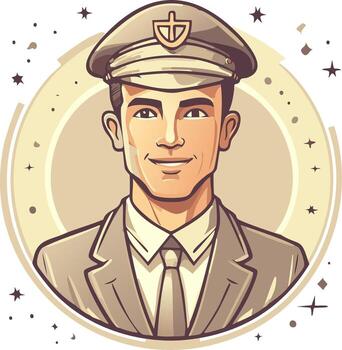 Cartoon Style Image of a Man in Uniform Smiling Confidently Inside Decorated Circle vector