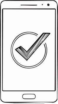 Mobile Phone with Check Mark Icon Showing Confirmation on Display in Hand Drawn Style vector