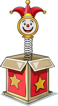 Joyful clown face pops out of a spring-loaded box with stars vector