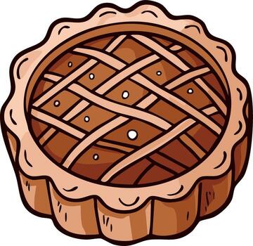 Whimsical cartoon illustration of baked pie with lattice crust and scalloped edges for graphic projects vector