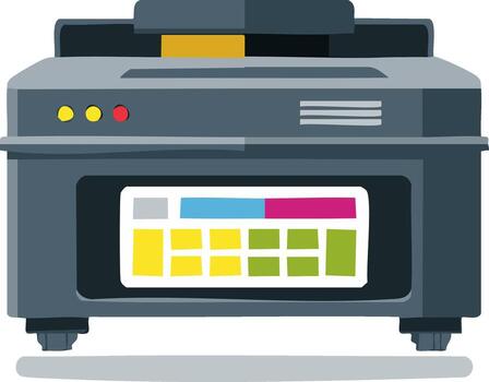 Modern flatbed scanner displaying color calibration chart on screen for print and digital reproduction vector