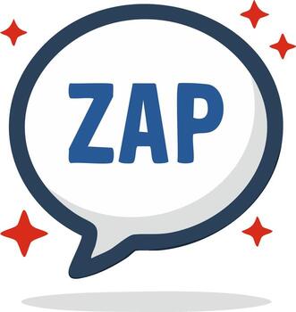 Bold ZAP word inside an energetic speech bubble icon with red sparks symbolizing impact and action vector