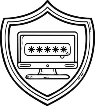 Computer screen displaying password stars within a protective shield emblem vector