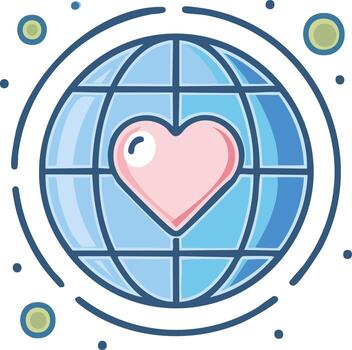 Global love symbol with a heart inside a stylized planet icon surrounded by orbiting dots and arcs vector
