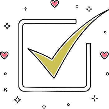 Hand drawn doodle check mark in a checkbox with hearts representing approval and a positive vote vector
