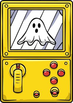 Yellow Retro Handheld Game Console Displaying a Spooky Ghost in its Screen vector