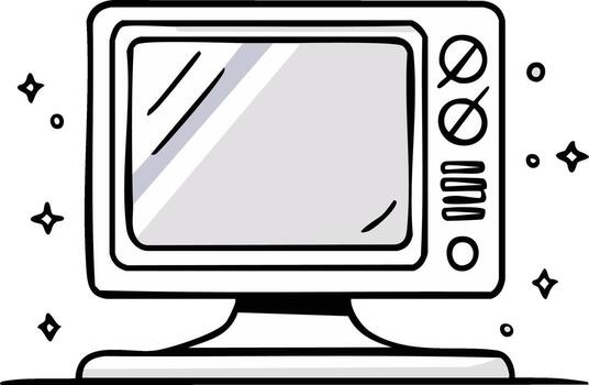 Retro-styled computer monitor illustration with knob controls and simple sparkles for a fun, vintage technology concept vector