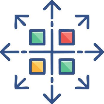 Hand drawn concept icon for expansion, growth, and diversification with arrows pointing out from a central grid vector