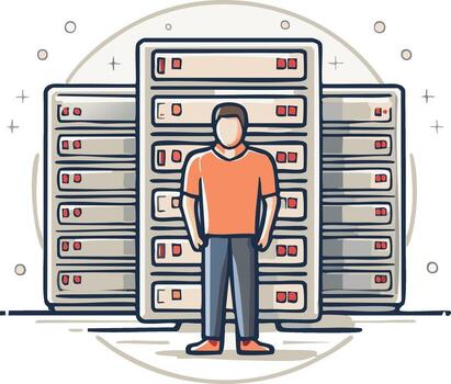 IT professional standing in front of server racks in a data center illustration vector